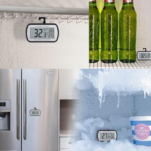 AEVETE Refrigerator Thermometer Digital Fridge Freezer Thermometer with Magnetic Back Large LCD, No Frills Easy to Read (Black-4 Pack)