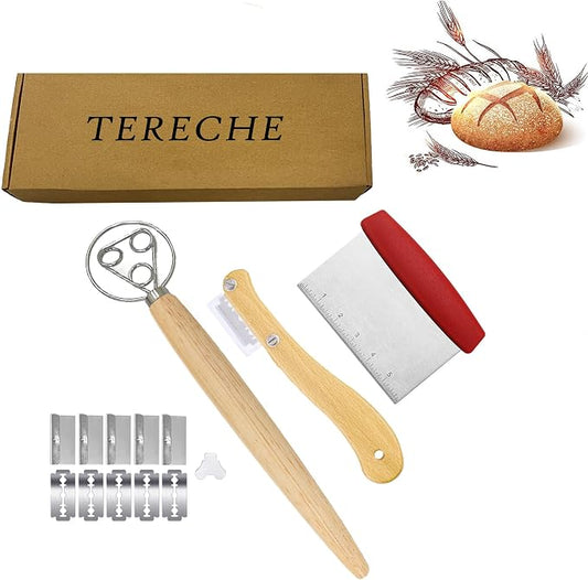 Bread Making Tools and Supplies - Set of 3 - Danish Dough Whisk and Bench Scraper - Dough Hook with Bread Scraper - Great for Baking Homemade Sourdough, Pizza (red)