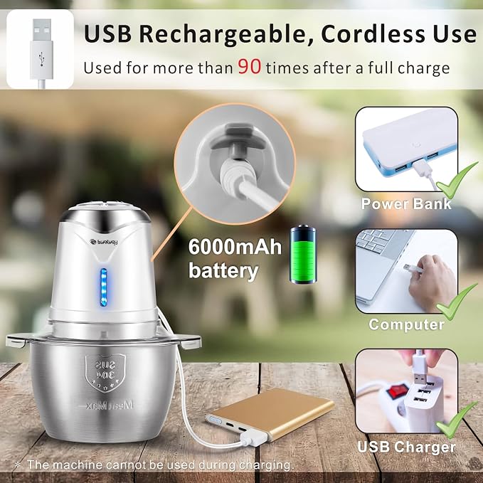 Food Processor Cordless Vegetable Chopper with 5 Cup Stainless Steel Bowl＆6000mAh USB Rechargeable Battery, Electric Garlic Meat Choppers BPA-free Baby Food Processors Blender Mincer, 2 Speeds (White)