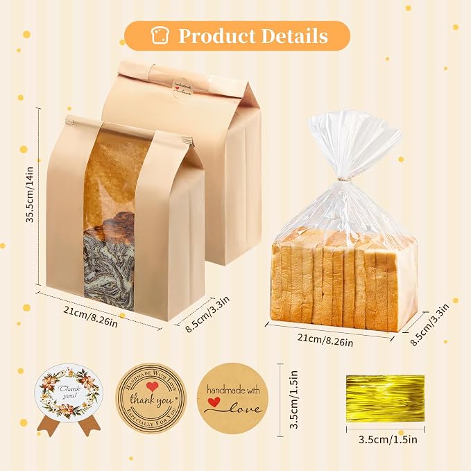 50 Pack14 x 8.3 x 3.5 inch Large Kraft Paper Bread Bags for Homemade Bread Sourdough Bags and 50 Pack 18 x 8 x 4 Inch Clear Bread Bags for Baked Food Packaging Storage (100)