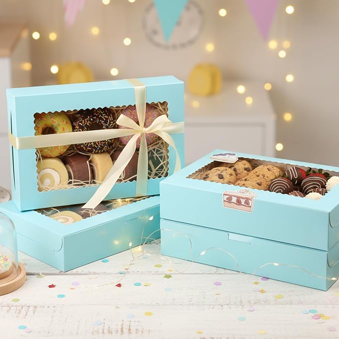 OAMCEG 24 Pack Cookie Boxes with Window, 12x8x2.5 Inch Bakery Treat Boxes for Christmas Holiday Gift Giving, Desserts, Donuts, Pastries-Blue