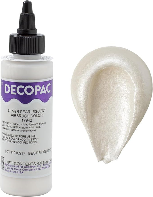 DecoPac Premium Airbrush Color, Pearlescent Silver Shimmer, Edible Airbrush Paint for Decorating Cakes, Cupcakes, and Cookies, Food Coloring, 4oz