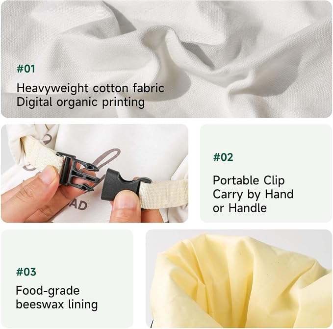 Beeswax Bread Bags for Homemade Sourdough, 2 Pack XL Reusable Organic Linen Cotton Bread Bags with Zipper Seal to Keep Bread Fresh (white and ecru)