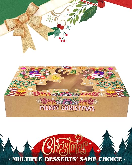 qiqee Christmas Bell version Cookie Boxes with Window 12packs 12x8x2.5 Inch Bakery Box Pastry Box for Christmas