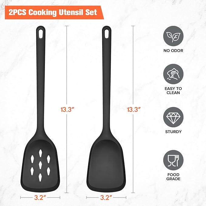 Silicone Cooking Spatula&Slotted Spatulas, Pack of 2,Solid Turner Kitchen Utensils Set for Cooking,Frying, Baking, Flipping, Turning,Heat Resistant 450℉ (BLACK)