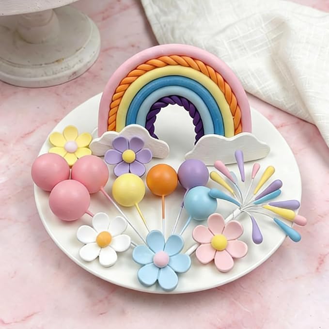 Rainbow Cake Topper 39pcs Rainbow Cake Decorations with Pastel Balls Topper Daisy Flower Cupcake Decroation,Boho Party Decorations for Groovy Hippie Birthday Wedding Baby Shower Cupcake Decorations