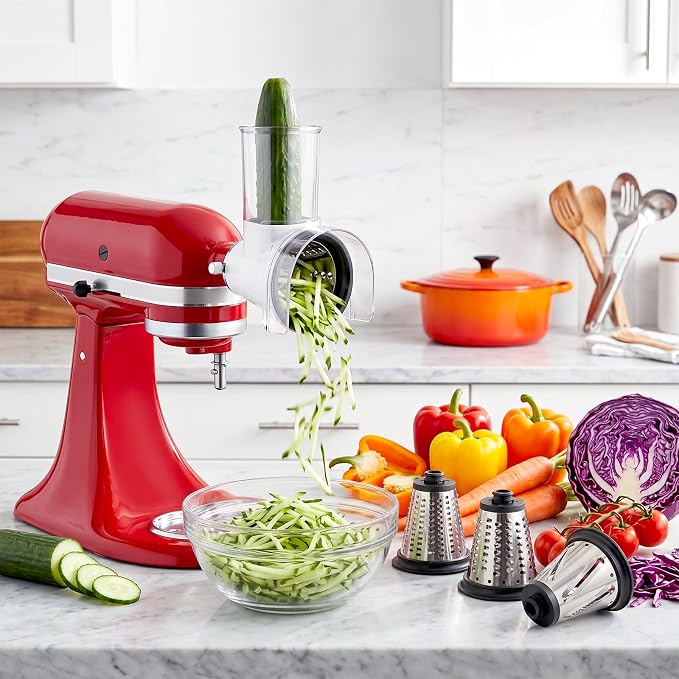 GVODE Cheese Grater Attachment for KitchenAid Stand Mixer – 3inch Large Feed Chute Splash-Proof Shredder, 4 Interchangeable Stainless Steel Blades, Dishwasher Safe KitchenAid Mixer Attachments
