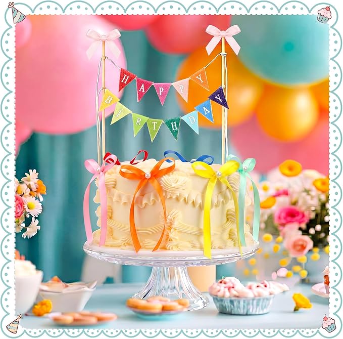 Honeydak Colorful 11 Pcs Bow Ribbon Cake Topper Happy Birthday Cake Bunting Topper with Wood Pole Handmade Pennant Flags with Bows Ribbon for Birthday, Bridal Party Decoration