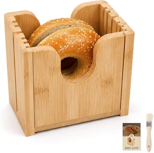 Bamboo Bagel Slicer for Homemade Bread, Wooden Bread Cutting Guide with Cleaning Brush, Safe Bagel Cutter for Bagels, Muffins, Rolls and Small Bread Loaves