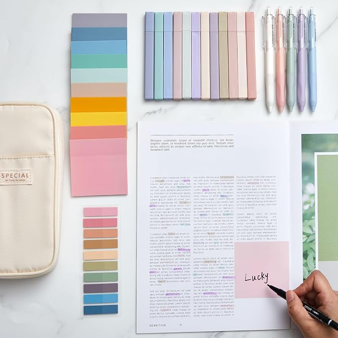 Jutom 39 Pcs Aesthetic Book Annotation Kit Highlighter with Case Bag Gel Pen Transparent Sticky Note Taking Bible Supplies(Cream,Cute Style)