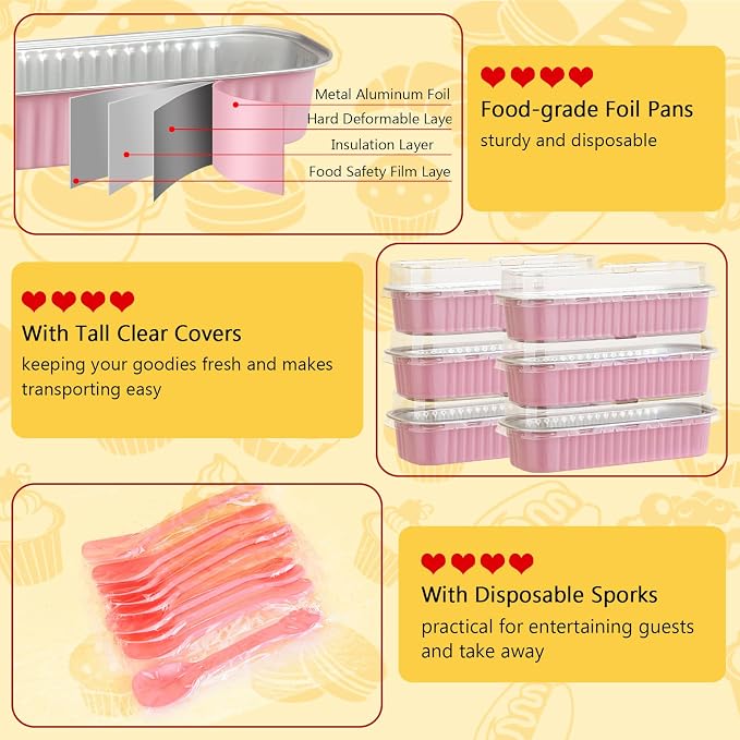 LNYZQUS 6.8oz Mini Cake Pans with Lids 25 Pack, Small Foil Loaf Pan for Little Banana Bread, Disposable Individual Baking Tins Muffin Cups Containers for Valentine Holiday Bake Sale-Pink