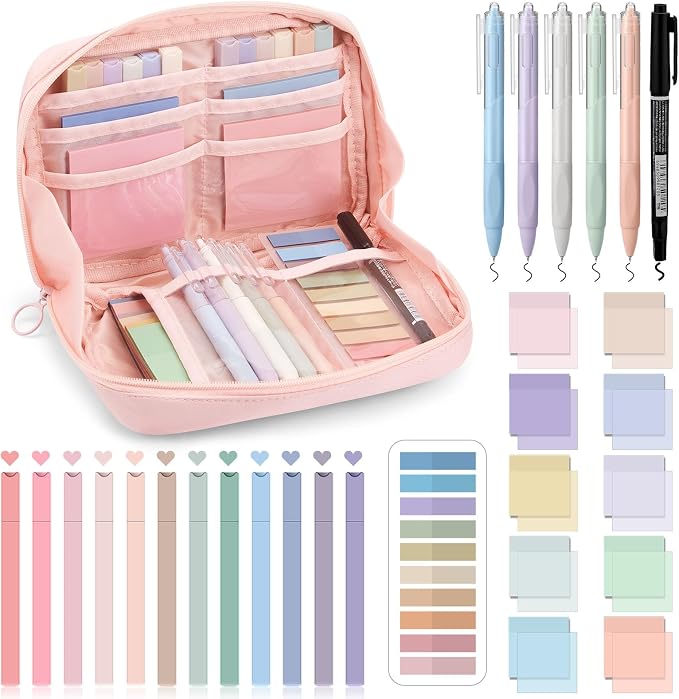 Jutom 39 Pcs Aesthetic Book Annotation Kit Highlighter with Case Bag Gel Pen Transparent Sticky Note Taking Bible Supplies(Pink,Kawaii Style)