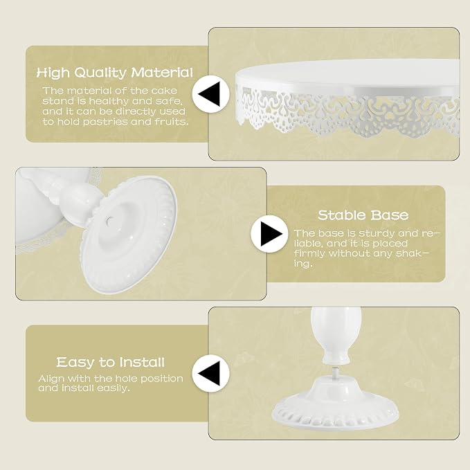 3 PCS White Cake Stands (8"&10"&12" Plate), Cupcake Stand with a lace Hollow Border Metal Cake Stand Set for Birthday Party, Wedding, Anniversary, Baby Shower