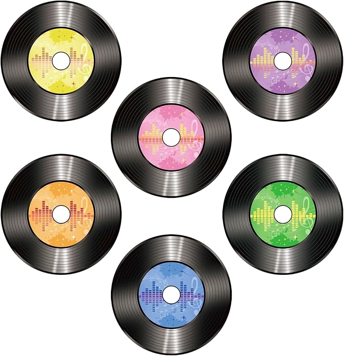 Vuzvuv 48Pcs 70s 80s 90s Disco Records Paper Cutouts with 100Pcs Glue Points,Records Cut Outs Bulletin Board Decorations for Birthday Party Theme Decor Supplies