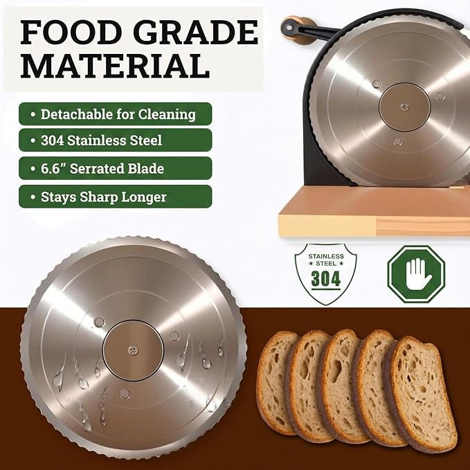Bread Slicer for Homemade Bread & Sourdough Rounds — Manual Sourdough Slicer, Hand Crank Cutter with Adjustable Thickness, Stainless Steel Blade, Includes Beeswax Bag
