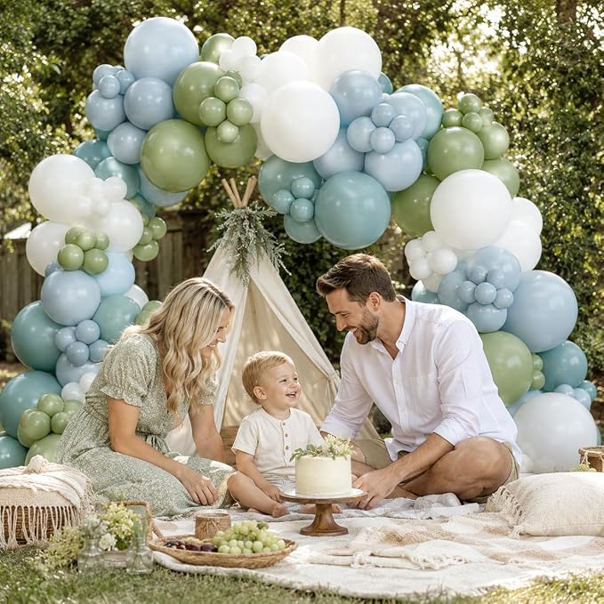 Dusty Blue Sage Green Balloon Arch Kit, Slate Fog Blue Dusty Olive Green White Balloons Different Size for Boho Baby Shower Bridal Shower Wedding Anniversary Neutral Birthday Woodland Party Decoration