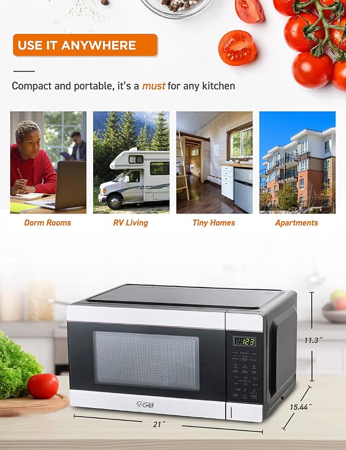 COMMERCIAL CHEF 1.1 Cu Ft Microwave with 10 Power Levels, Small Microwave with Push Button, 1000W Countertop Microwave with Kitchen Timer, Door Lock, & Digital Controls, Stainless Steel