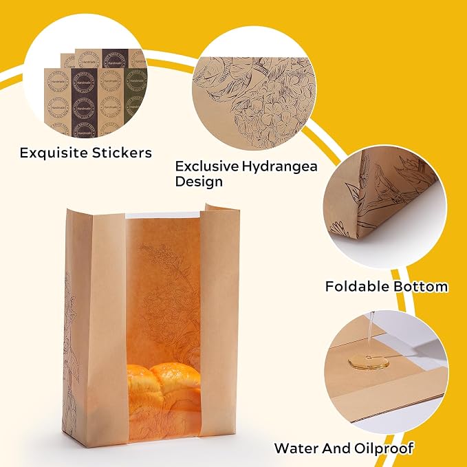 50 Pack Paper Bread Bags for Homemade Bread and Sourdough, 50% Thicker Large Kraft Loaf Bags with Clear Window for Bakery Packaging & Storage, Includes Sealing Stickers