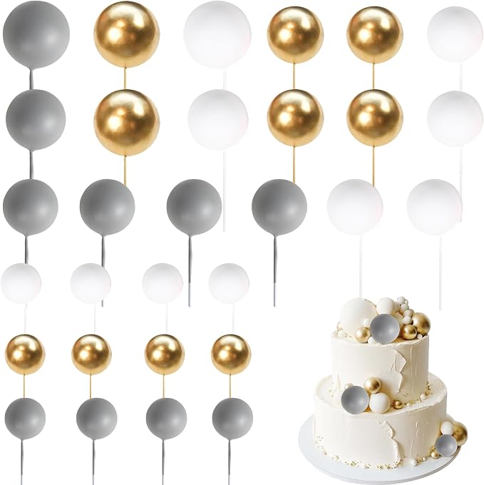 24 PCS Ball Cake Toppers Balls Cupcake Toppers Insert Foam Ball Cake Picks Mini Balloon Cake Decoration for Wedding Baby Shower Birthday Party Cake Decorations Supplies Dark Grey Gold White