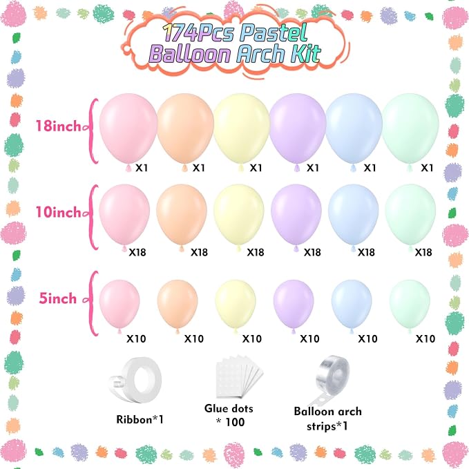 Pastel Rainbow Balloons Arch Kit 174pcs, Macaron Assorted Colorful Spring Balloon Garland Kit for Spring Easter Baby Shower Wedding Gender Reveal Anniversary Birthday Party Decorations