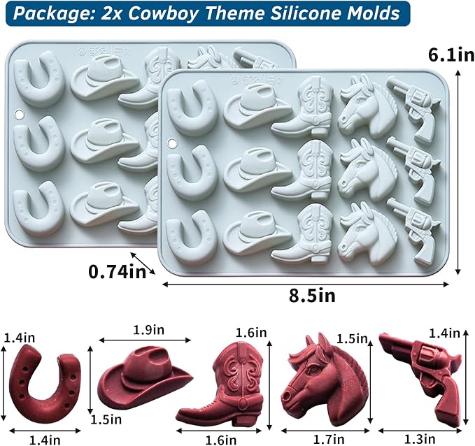 2 Pack Cowboy Chocolate Molds, Western Themed Silicone Fondant Jelly Cupcake Cake Decoration Molds, Unique Cowboy Hat Boot Horse Shape Candle Soap Wax Epoxy Resin Mold for Crafts Baking Tool