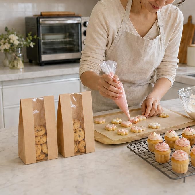 50 Pack Cookie Bags with Window, 3.5"x 2.3"x7.5" Kraft Paper Bakery Bags with Stickers for Snack, Cupcake, Popcorn, Coffee Bean, Party Favor, Cookie Packaging