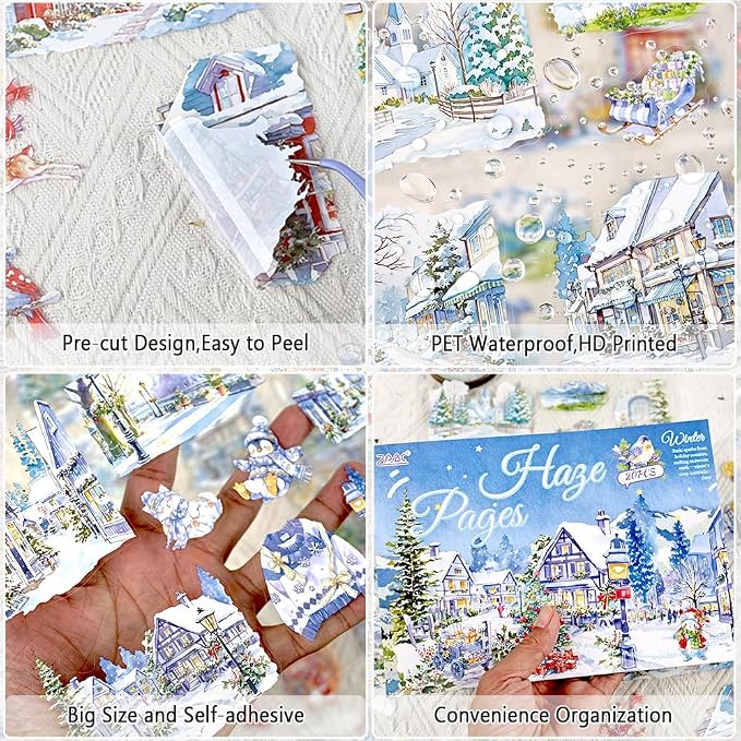 Transparent PET Winter Landscape Sticker Book for Journaling, 20 Sheets Large Pre-Cut Scenery Stickers for Scrapbooking Supplies, Collage Decorative, 9.25 x 6.58 inches