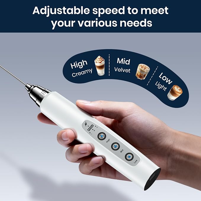 Sakgos Milk Frother with Stand Rechargeable-Handheld Coffee Frother with 3 Stainless Whisks 3 Speed Adjustable, Electric Whisk Drink Mixer, Foam Maker Blender for Matcha Latte Cappuccino Chocolate