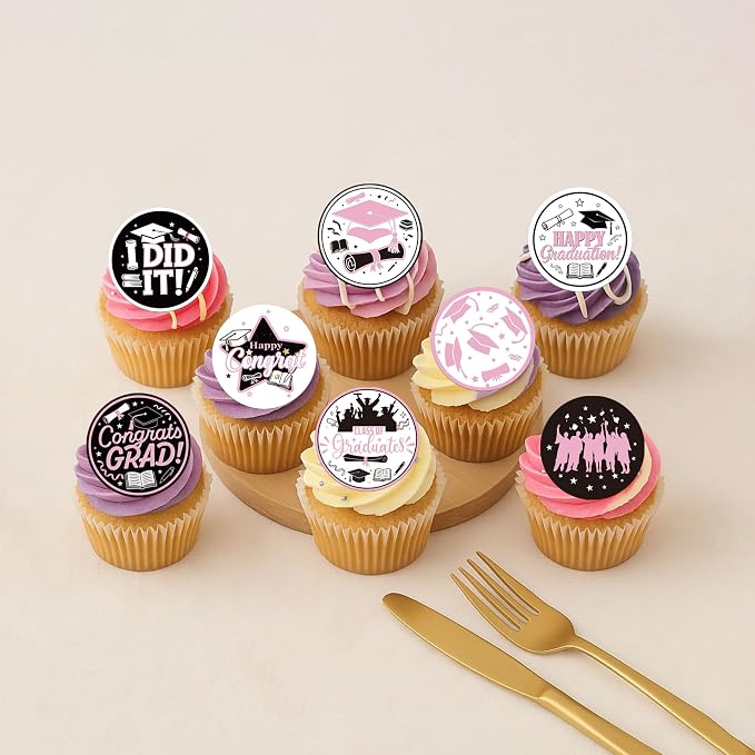 63 PCS Edible 2026 Graduation Cupcake Toppers Diploma Congrats Grad Cap Class of 2026 Cupcake Decorations Edible 2026 Graduation Decorations for 2026 Grad Party Cake Decorations Supplies Pink