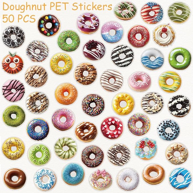 Cute Donut Stickers for Kids Girls, 50PCS Funny Realistic Doughnut PET Transparent Waterproof Stickers for Water Bottles Laptop Phone Scrapbook, Sweet Snack Decals for Donut Lovers