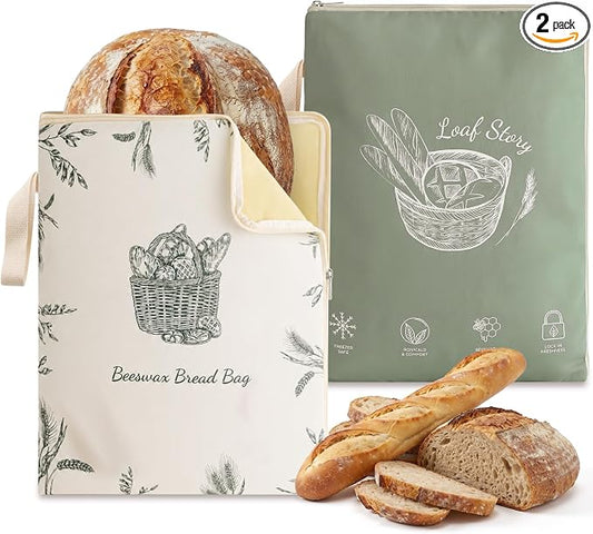 Beeswax Sourdough Bread Bags with Wide Zipper Access, 2 Pack XL 13" x 17" Reusable Linen Cotton Bread Bags for Homemade Bread, Keeps Bread Crusty Outside & Fresh Inside