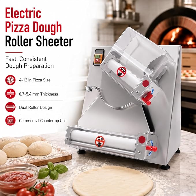 Pizza Dough Roller Sheeter, 4-12" Commercial Electric Automatic Pizza Press Making Rolling Machine, Adjustable Thickness 0.03-0.2 Inch, Stainless Steel Dough Machine for Noodle Bread & Pasta Maker