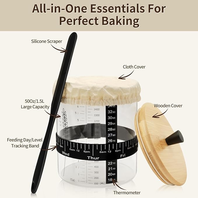 50oz Sourdough Starter Jar, Wide Mouth Sourdough Jar, Large Capacity Sourdough Starter Kit with Lid, Band, Date Tracker, Temp, Sourdough Bread Starter Kit for Perfect Sour Dough(2 Pack)