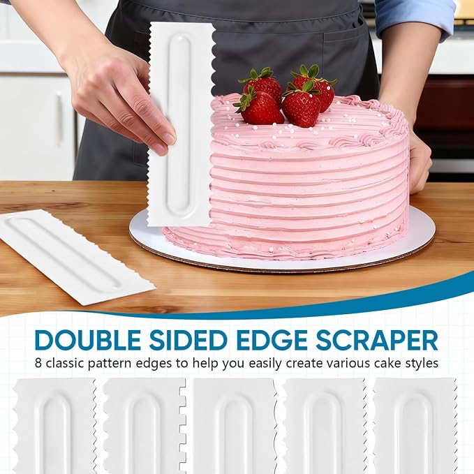 SenseYo 3 Pcs Cake Scraper Smoother 9 Inch Plastic Cream Decorating Comb Sided Patterned Edge Stripe DIY Tools for Icing Mousse Butter Frosting Baking Projects White