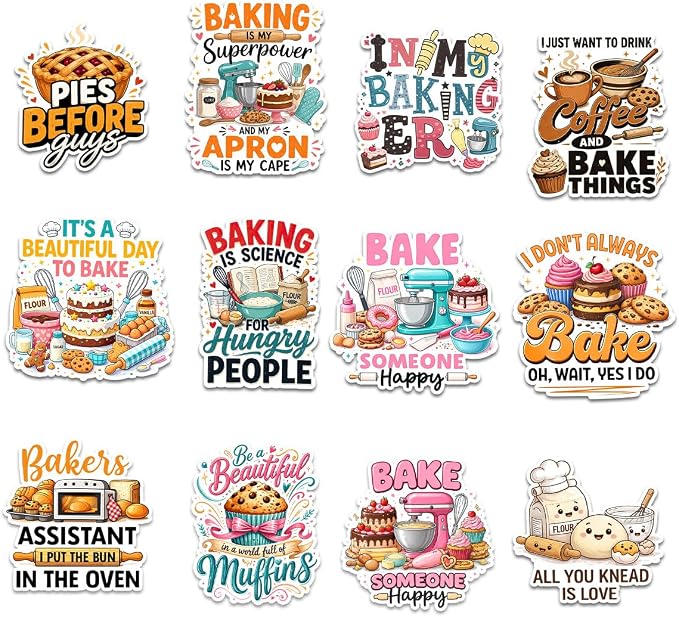 12Pcs Baking Stickers, Bakery Stickers for Water Battles — Baking Gifts for Bakers — Bakery Party Supplies - Gift for Women & Men