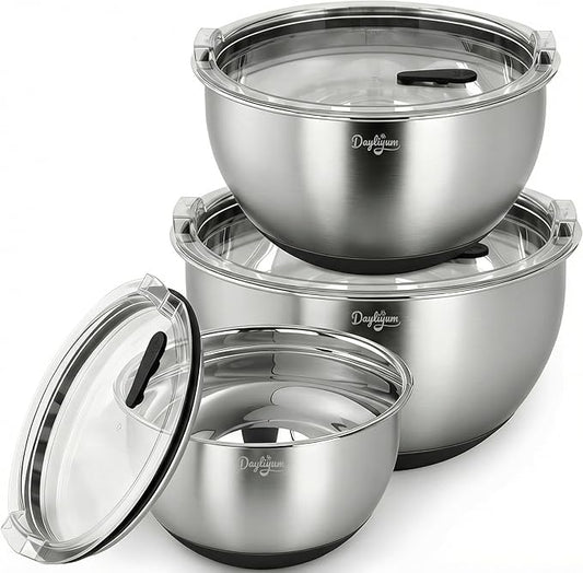 Mixing Bowls with Airtight Lids, Stainless Steel Nesting Bowl Set with Clear Lids & Valve, 3 Essential Sizes (1.5/3/5 QT), Measurement Marks, Non-Slip Silicone Base, Food Prep & Fridge Storage, Black