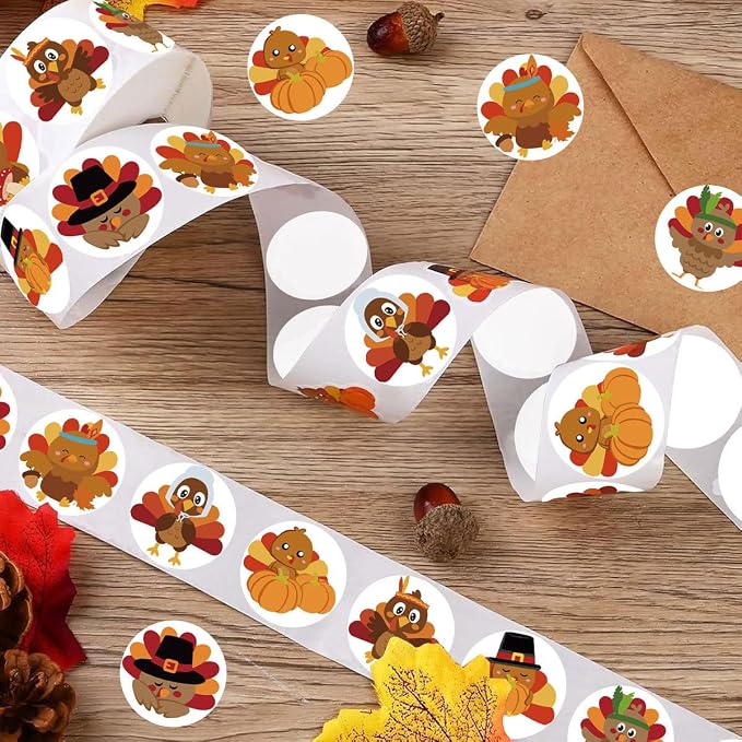 500Pcs Fall Stickers Roll 1 Inch Self Adhesive Cute Turkey Round Stickers 8 Style Cartoon Turkey Design Thanksgiving Stickers Autumn Pumpkin Roll Decals for Fall Envelope Card Gift Box Party Supplies