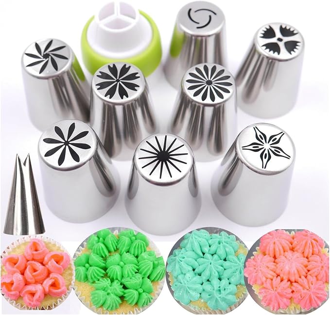 Stainless Steel Russian Piping Tips Set, Extra Large Flower Icing Nozzles, Cupcake Frosting Supplies with Leaf Tips, Couplers, Disposable Pastry Bags, Reusable Piping Bag (Silver,10 PCS)