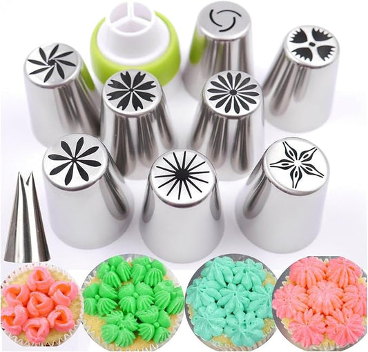 Stainless Steel Russian Piping Tips Set, Extra Large Flower Icing Nozzles, Cupcake Frosting Supplies with Leaf Tips, Couplers, Disposable Pastry Bags, Reusable Piping Bag (Silver,10 PCS)