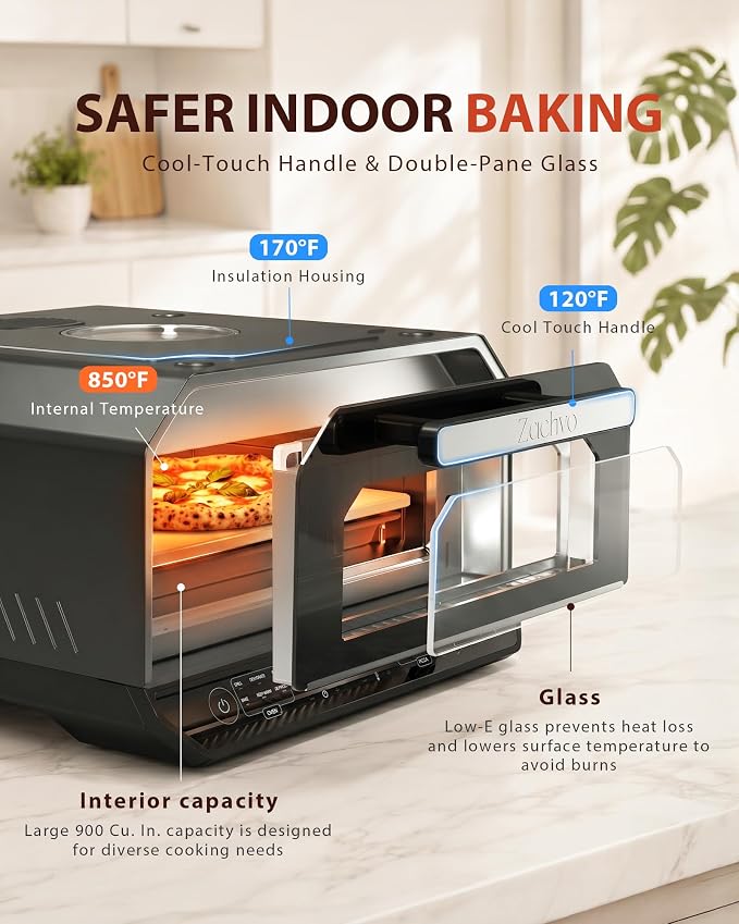 13-in-1 Countertop Pizza Oven, 90-Second 12 Inch Pizza, up to 850°F, 6 Presets & 6 Bake Modes, PID Control, Expert Mode Makes 5 in 30 Min for Home Pizzeria, Top Window & On-Demand Light, Black