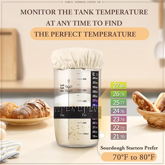 zunmial Sourdough Starter Jar, 24 oz Sourdough Starter Kit with Date Marked Feeding Band, Thermometer, Cloth Cover & Metal Lid, Reusable Sourdough Bread Baking Supplies, Home Baking Supplies