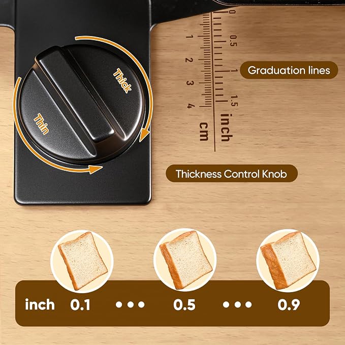 Foldable Manual Bread Slicer with Wooden Board & Foldable Handle,0-0.9" Adjustable Thickness,Serrated Blade & Suction Cup,Bread Slicer for Homemade Sourdough Bread,Soft Bread,Bagels,and More (Black)