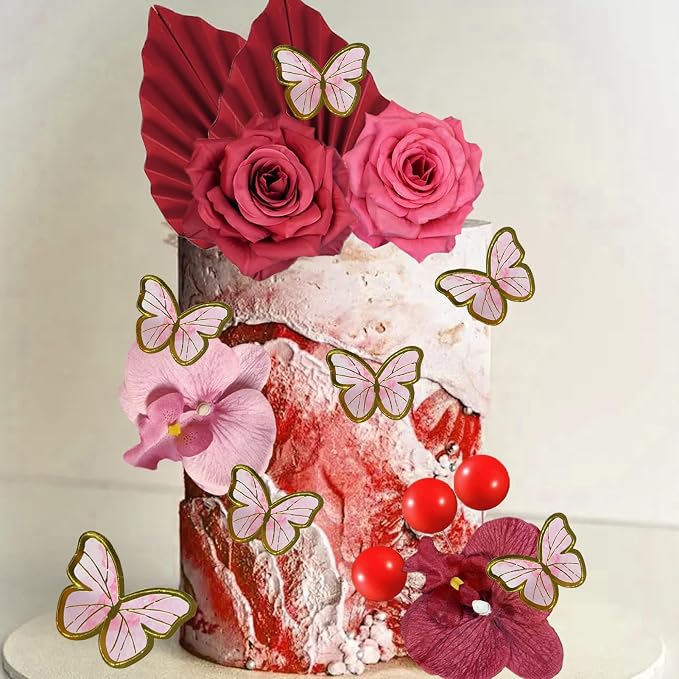 27 PCS Flower Cake Decorations Red Cake Decorations Boho Butterfly Cake Toppers with Rose Artifical Flowers Palm Leaves Balls Happy Birthday Cake Topper for Birthday Party Wedding Baby Shower