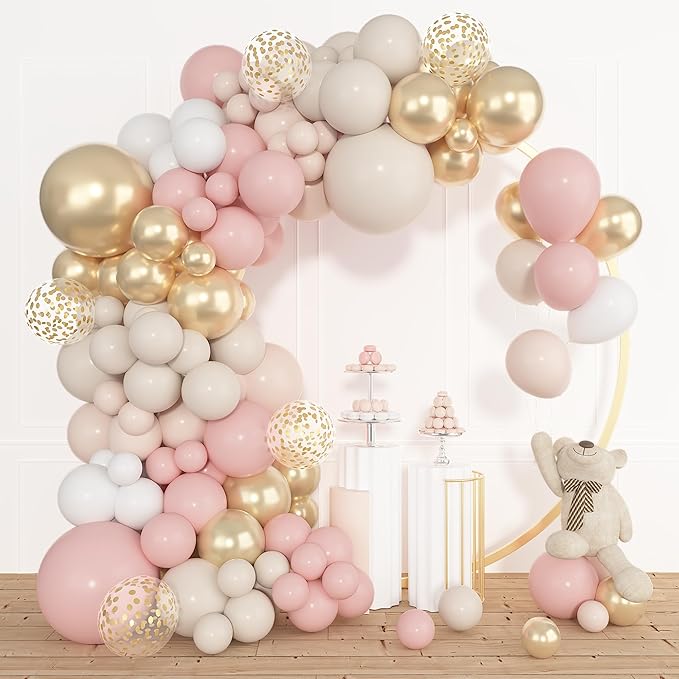 Amandir 153pcs Dusty Pink and Gold Balloon Garland Arch Kit, Different Sizes 18 12 10 5 inch Blush Pink White Sand Latex Metallic Confetti Balloons for Boho Bridal Wedding Birthday Party Decorations