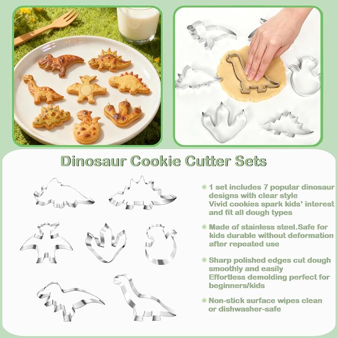 New Dinosaur Cookie Cutter Set - 7 Piece Stainless Steel Fun Dino Cookie Cutter for Kitchen, Baking, Dinosaur Birthday Party Supplies