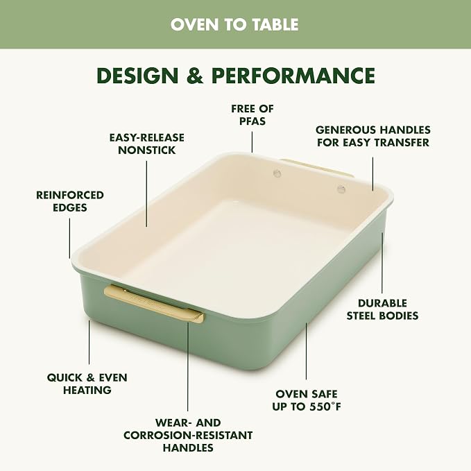 GreenPan Bakeware 13” x 9” Rectangular Cake Pan, Ceramic Nonstick Baking Pan, PFAS & BPA Free, Gold Handles, Durable Steel, Freezer to Oven Dish, Scratch Resistant, Bake & Roast Ovenware, Sage Green