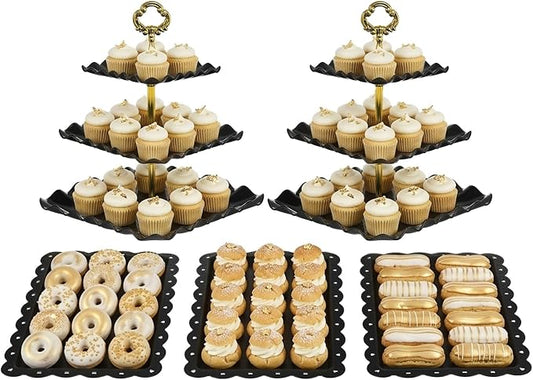 NWK 5 Piece Cake Stand Set with 2 x Large 3-Tier Cupcake Stands, 3 x Appetizer Trays, for Wedding Birthday Baby Shower Tea Party Decorations (Black)
