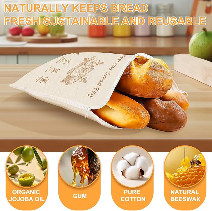 New Zipper Beeswax Bread Bags for Sourdough, 13x17" Reusable Bread Bag | Breathable Bees Wax Bread Bag with Wide Zipper, Freezer Safe Beeswax Bags for Bread, Homemade Bread Storage
