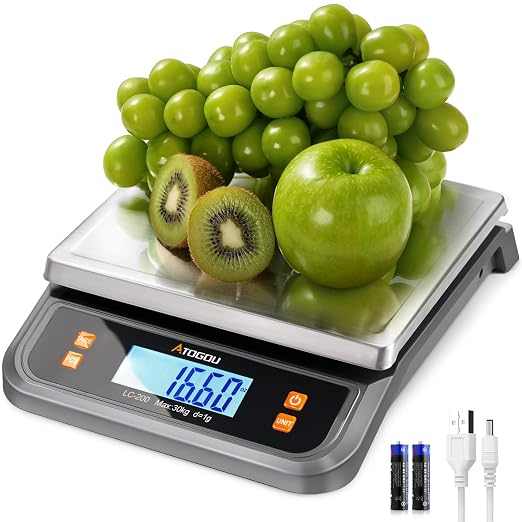 Atogou 88lb Commercial Digital Kitchen Scale 40kg/1g, with 6 Units Conversion, Stainless Steel, LCD Display, AA Battery or Plug-in Use for Baking, Bread, Cooking, Meat LC200 Grey