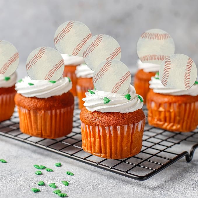 48PCS Edible Baseball Balls Cupcake Toppers Edible Baseball Cake Decorations Sport Ball Theme Cupcake Picks for Sports Ball Theme Baby Shower Birthday Party Cake Decorations Supplies